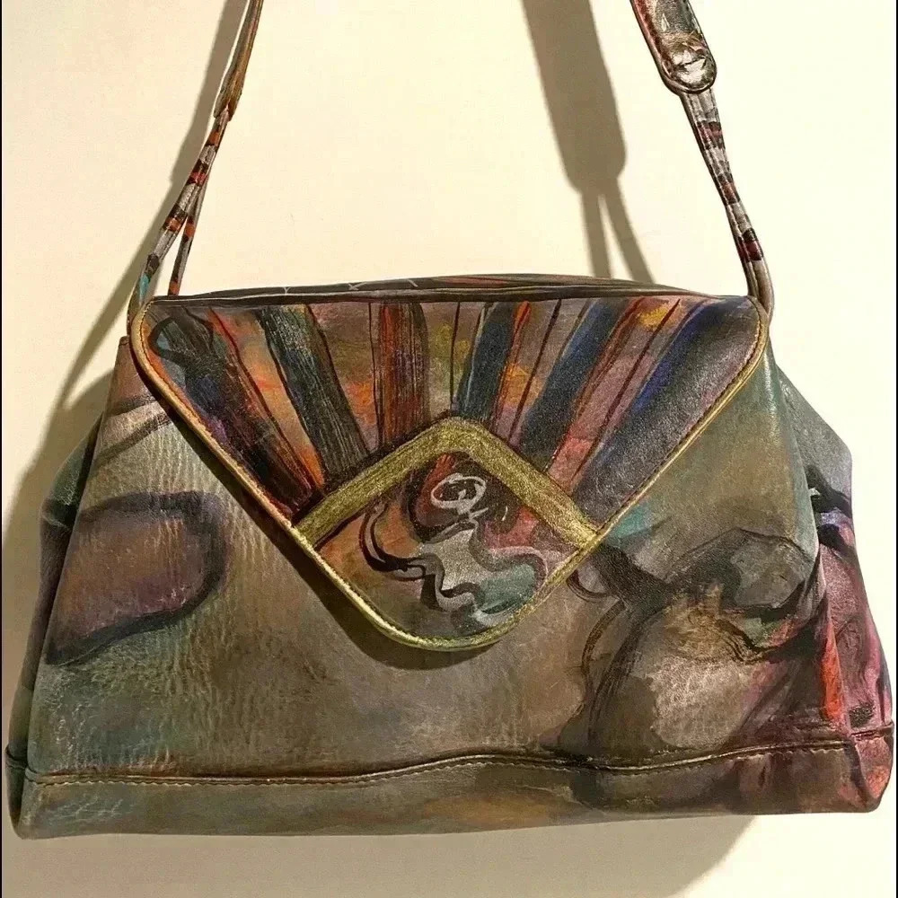 Hand painted multicolor leather shoulder bag